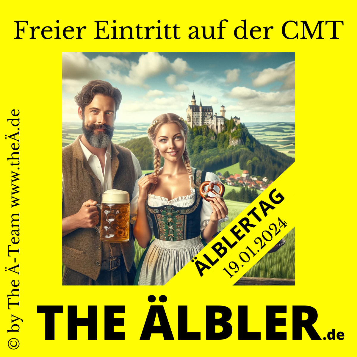 Ein männlicher und eine weibliche Bewohnerin der Schwäbischen Alb in traditioneller Tracht stehen vor der malerischen Landschaft der Schwäbischen Alb. Der Mann, lächelnd und lebhaft, hält einen rustikalen Krug Bier in der Hand. Neben ihm steht eine Frau mit einem freundlichen Gesichtsausdruck, die eine frisch gebackene Brezel hält. Im Hintergrund erhebt sich majestätisch die Burg Hohenzollern, umgeben von sanften grünen Hügeln und einem strahlend blauen Himmel. Das Bild fängt die kulturelle Essenz und die natürliche Schönheit der Region eindrucksvoll ein.
