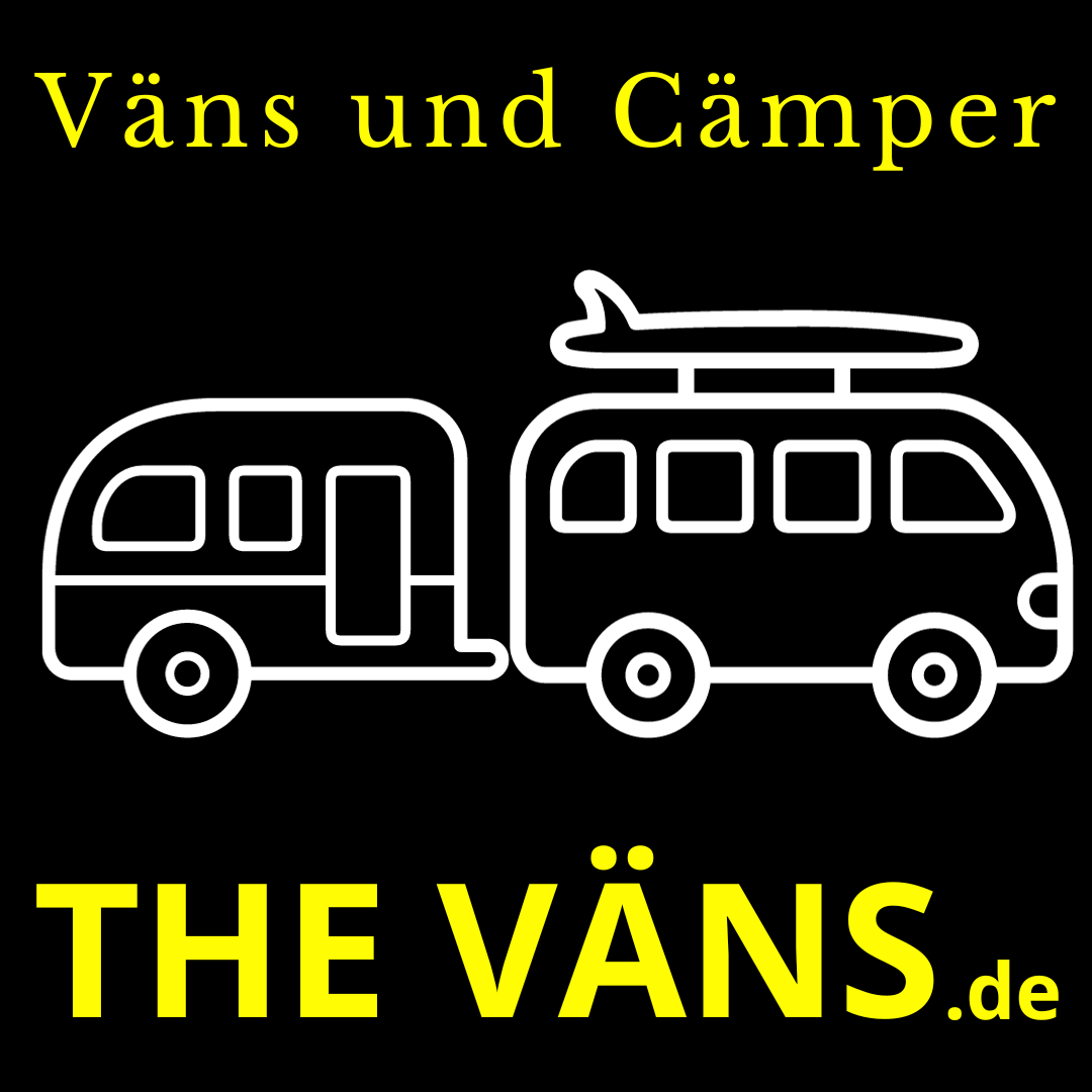 Beispiel-Bild THEVÄNS.de in schwarz mit leuchtgelber Schrift "Väns und Cämper" mit Bulli, Surfbrett und Wohnanhäger