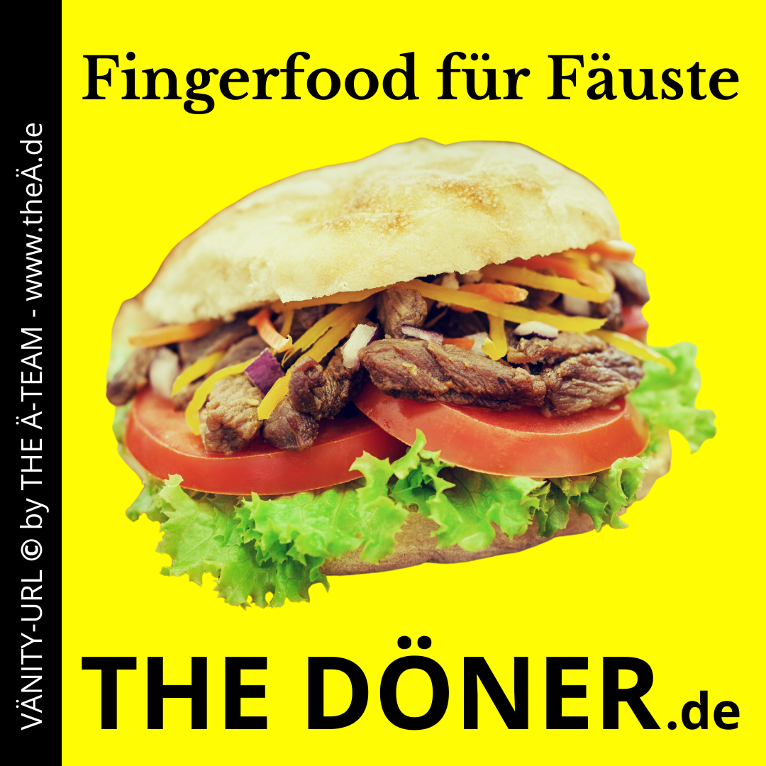 DOMÄN-PÄCK "THE DÖNER - Fingerfood für Fäuste" in quietschgelb mit Döner-Grafik und Link zu THE Ä-TEAM