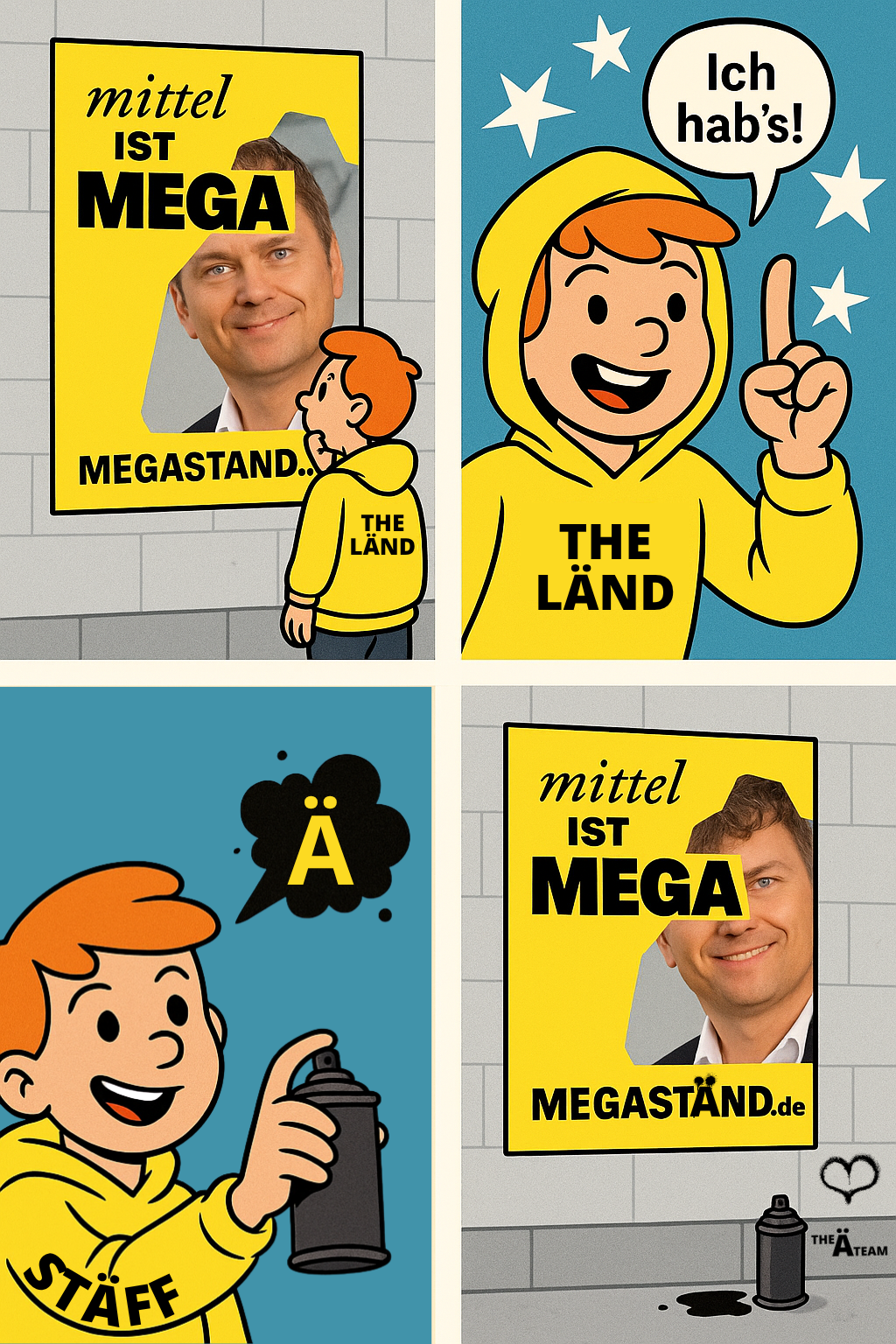 Comic in vier Panels: Eine Person im Hoodie betrachtet ein MEGASTAND-Plakat mit dem Slogan „mittel ist MEGA“, bei dem ein Teil der Schrift fehlt. Im zweiten Panel kommt ihr die Idee. Im dritten Panel hält sie eine Spraydose mit einem leuchtenden „Ä“ in der Gedankenblase. Im vierten Panel wurde das Plakat ergänzt: Aus „MEGASTAND“ wurde „MEGASTÄND“. Auf dem Boden liegt die Spraydose. Der Hoodie trägt die Aufschrift "THE LÄND" und „THE STÄFF“.