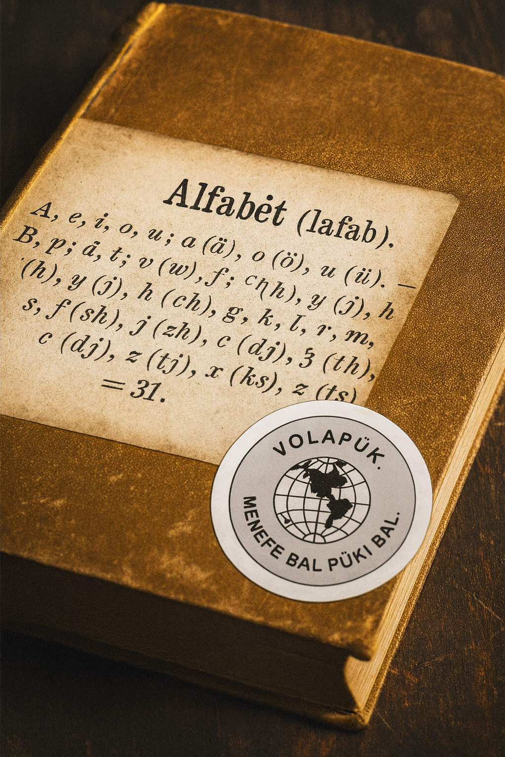Ein altes, braun gebundenes Buch liegt auf einem Holztisch. Auf dem vergilbten Umschlag steht in klassischer Serifenschrift „Alfabèt (lafab)“ sowie das vollständige Volapük-Alphabet mit Umlauten Ä, Ö und Ü. Unten rechts ist ein rundes Logo mit Globus zu sehen, umrahmt von der Aufschrift „VOLAPÜK. MENEFE BAL PÜKI BAL.“ – warmes Licht, Vintage-Ästhetik, Fokus auf Typografie und historische Details.