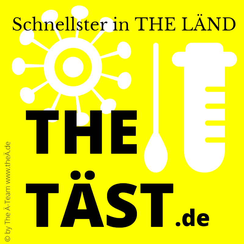Logo THE TÄST - Schnellster in THE LÄND Stylequietschgelb mit schwarzer Schrift und Grafikelementen in weiß Coronavirus und Schnelltest