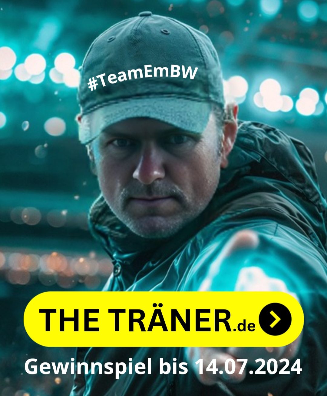 KI-generiertes Portrait eines BundestrAIners mit Baseball-Cap, der auf den Button "THETRÄNER.de" zeigt.