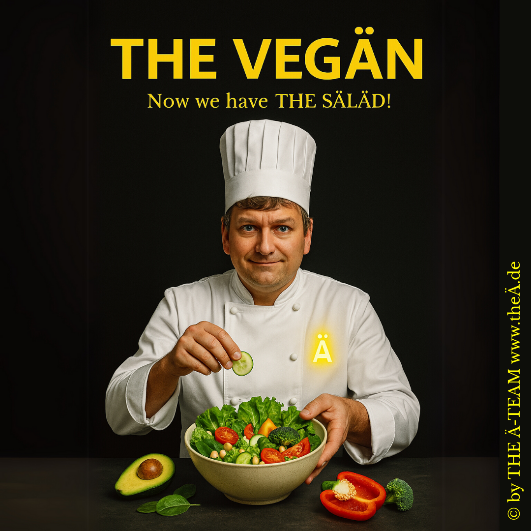 Ein Filmplakat in THE LÄND Style mit dunklem Hintergrund, darauf ein Koch mit einem leuchtenden Ä auf der Brust, der einen leckeren Salat präsentiert. Text: THE VEGÄN - Now we have THE SÄLÄD!