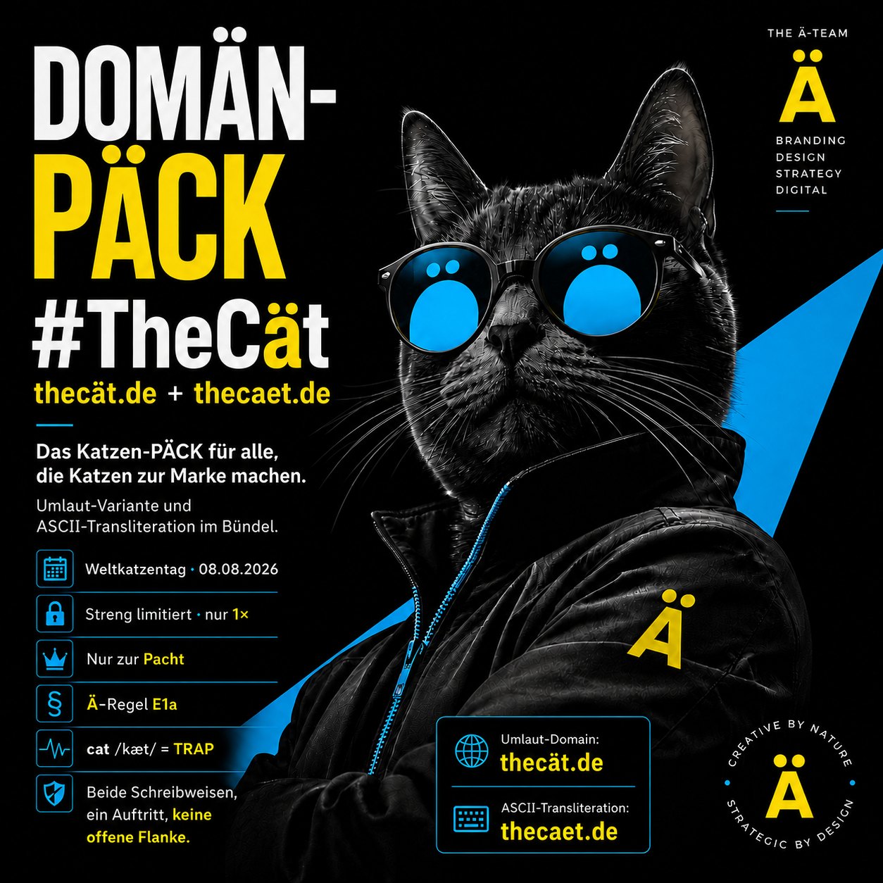Schwarze Katze mit Sonnenbrille im Key-Visual des DOMÄN-PÄCKs #TheCät, daneben die Eckdaten thecät.de und thecaet.de, Weltkatzentag 08.08.2026, nur zur Pacht, Ä-Regel E1a.