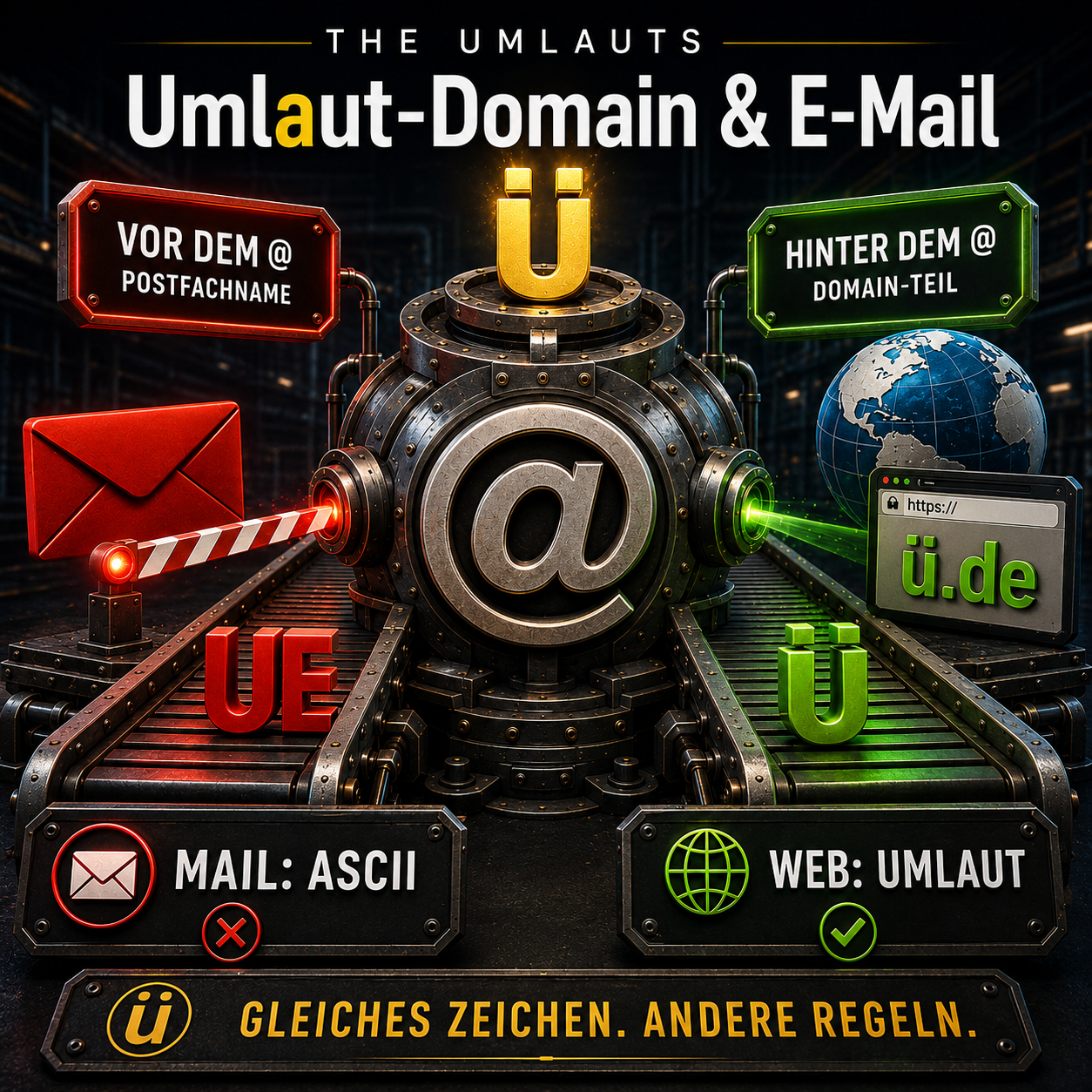 3D-Grafik einer Sortiermaschine mit großem @-Symbol: Links wird ein Umlaut für E-Mail in ASCII umgewandelt, rechts bleibt der Umlaut für Web und Domain erhalten.